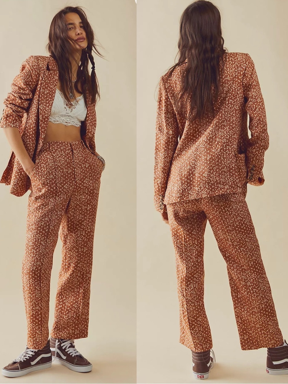 BNWT Free People 100% Linen Maggie Suit- Orange/Rust Floral